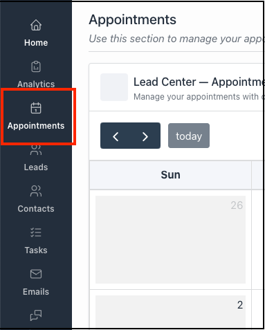 appointment menu in leadcenter